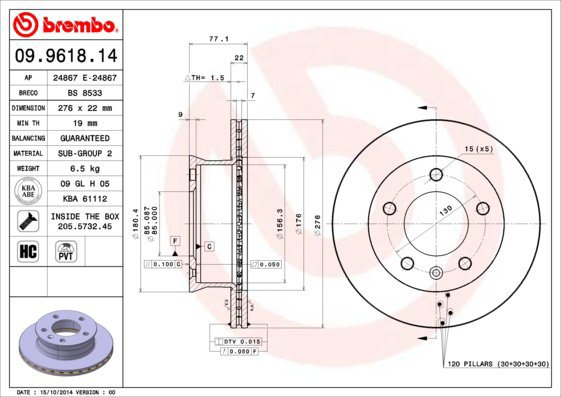 

BREMBO brzdový kotouč 09.9618.14, sada 2 ks