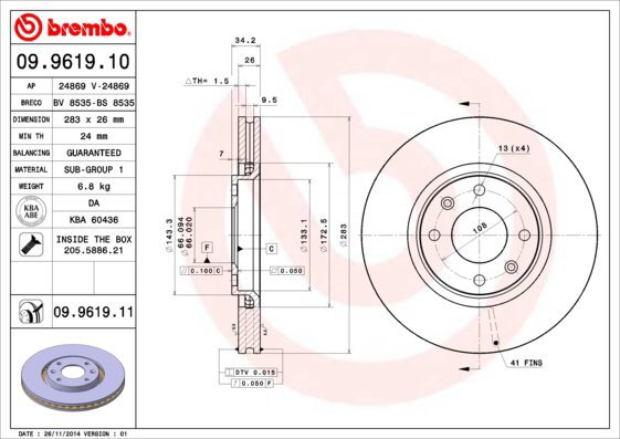

BREMBO brzdový kotouč 09.9619.11, sada 2 ks