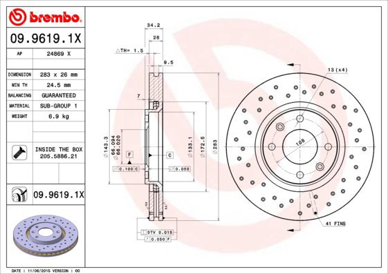 

BREMBO brzdový kotouč 09.9619.1X, sada 2 ks