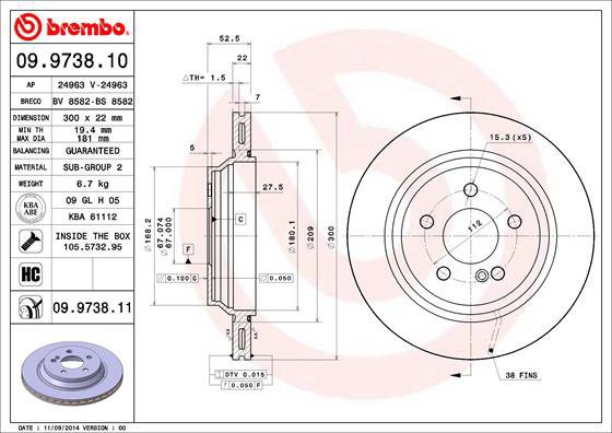 

BREMBO brzdový kotouč 09.9738.11, sada 2 ks