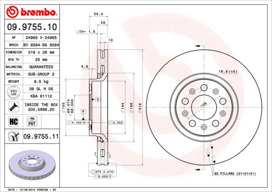 

BREMBO brzdový kotouč 09.9755.11, sada 2 ks