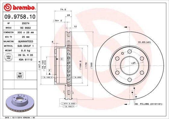 

BREMBO brzdový kotouč 09.9758.10, sada 2 ks
