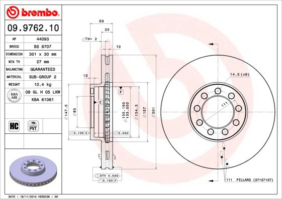 

BREMBO brzdový kotouč 09.9762.10, sada 2 ks