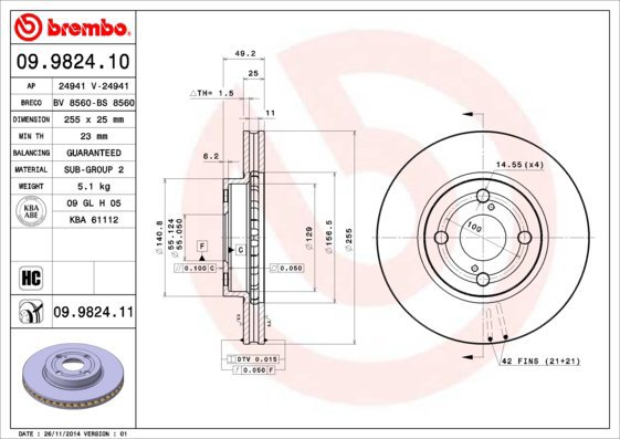 

BREMBO brzdový kotouč 09.9824.11, sada 2 ks