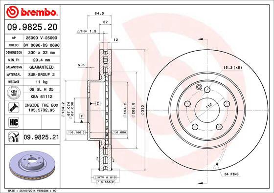 

BREMBO brzdový kotouč 09.9825.21, sada 2 ks