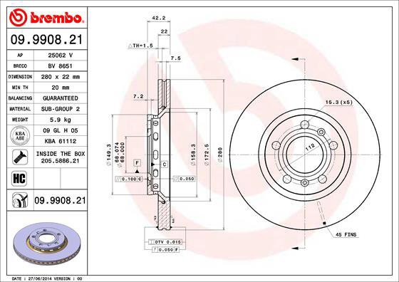 

BREMBO brzdový kotouč 09.9908.21, sada 2 ks