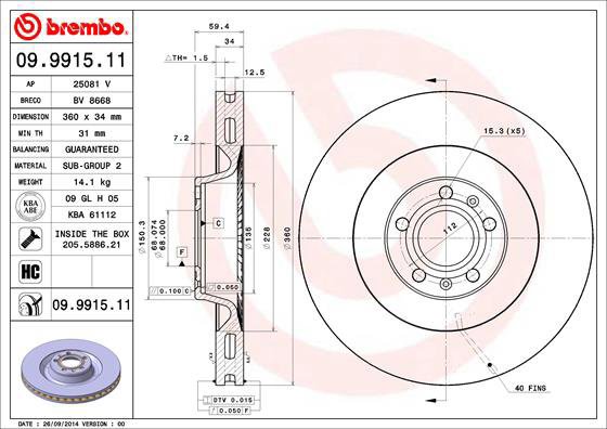 

BREMBO brzdový kotouč 09.9915.11, sada 2 ks