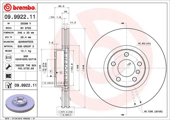 

BREMBO brzdový kotouč 09.9922.11, sada 2 ks