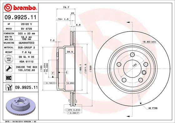 

BREMBO brzdový kotouč 09.9925.11, sada 2 ks