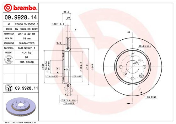 

BREMBO brzdový kotouč 09.9928.11, sada 2 ks