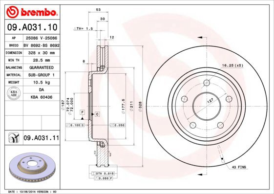 

BREMBO brzdový kotouč 09.A031.11, sada 2 ks