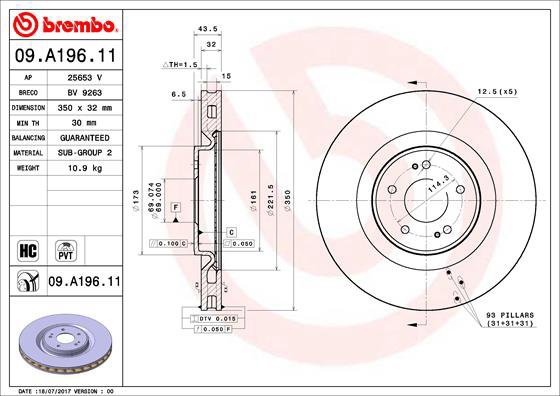 

BREMBO brzdový kotouč 09.A196.11, sada 2 ks