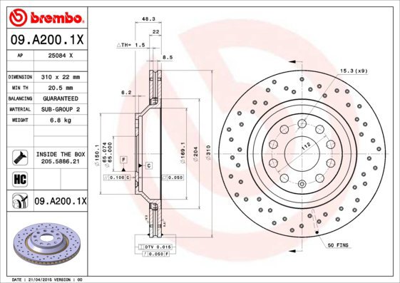 

BREMBO brzdový kotouč 09.A200.1X, sada 2 ks