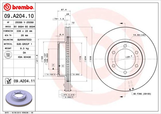 

BREMBO brzdový kotouč 09.A204.11, sada 2 ks