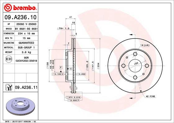

BREMBO brzdový kotouč 09.A236.11, sada 2 ks