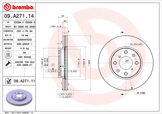 

BREMBO brzdový kotouč 09.A271.11, sada 2 ks