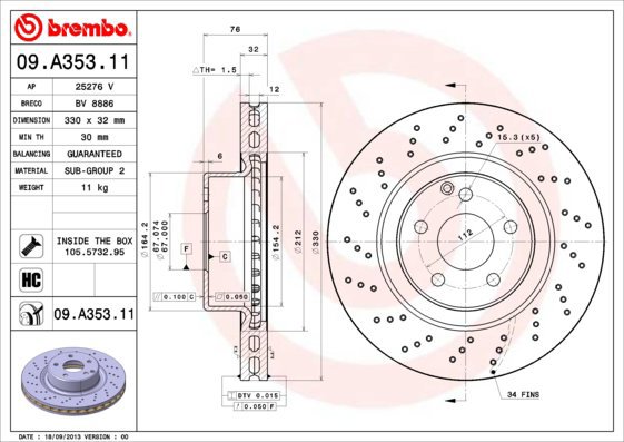 

BREMBO brzdový kotouč 09.A353.11, sada 2 ks