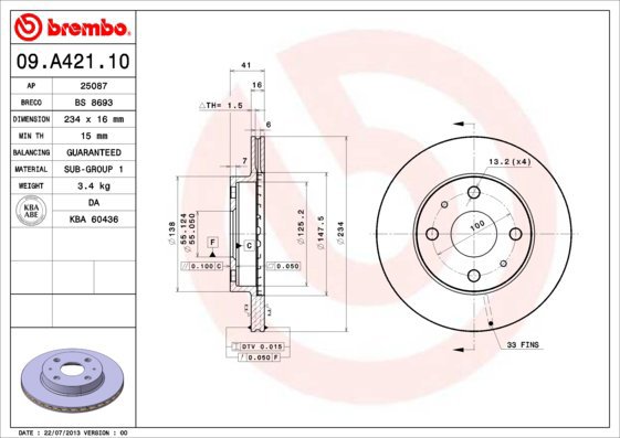 

BREMBO brzdový kotouč 09.A421.10, sada 2 ks