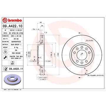 

BREMBO brzdový kotouč 09.A422.11, sada 2 ks