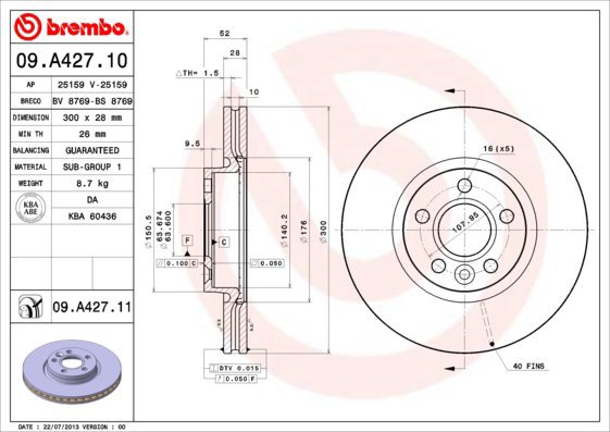 

BREMBO brzdový kotouč 09.A427.11, sada 2 ks