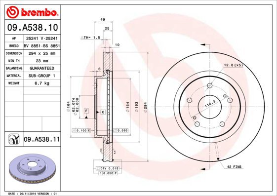 

BREMBO brzdový kotouč 09.A538.11, sada 2 ks