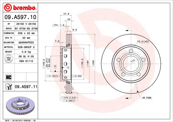 

BREMBO brzdový kotouč 09.A597.11, sada 2 ks