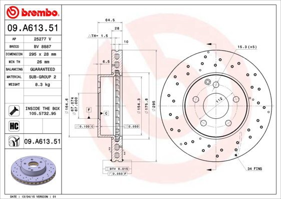 

BREMBO brzdový kotouč 09.A613.51, sada 2 ks