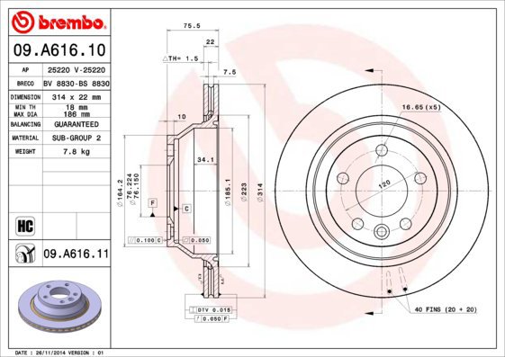 

BREMBO brzdový kotouč 09.A616.11, sada 2 ks