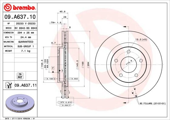 

BREMBO brzdový kotouč 09.A637.11, sada 2 ks