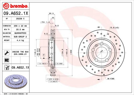 

BREMBO brzdový kotouč 09.A652.1X, sada 2 ks