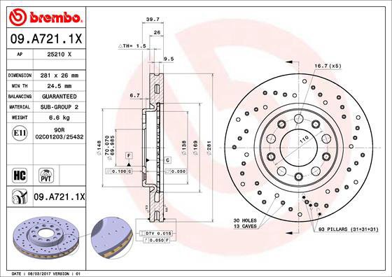 

BREMBO brzdový kotouč 09.A721.1X, sada 2 ks