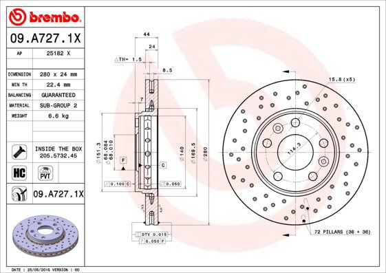 

BREMBO brzdový kotouč 09.A727.1X, sada 2 ks