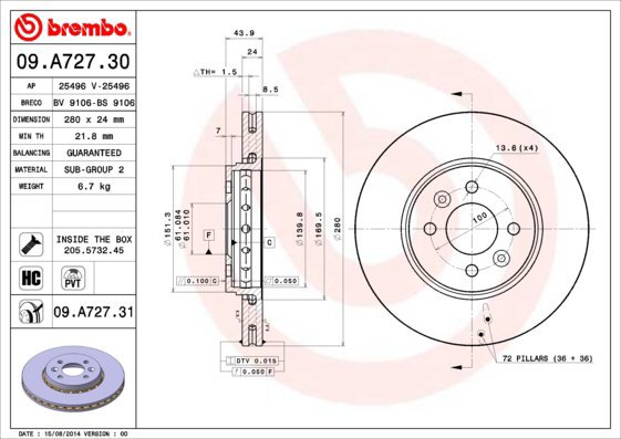 

BREMBO brzdový kotouč 09.A727.31, sada 2 ks
