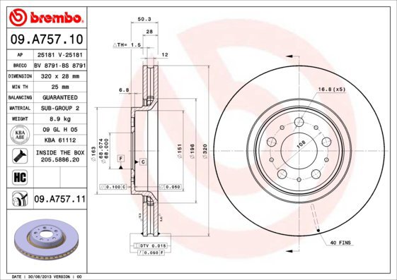 

BREMBO brzdový kotouč 09.A757.11, sada 2 ks