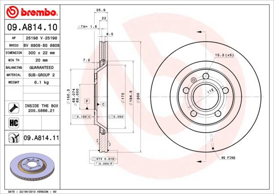 

BREMBO brzdový kotouč 09.A814.11, sada 2 ks