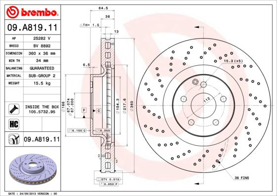 

BREMBO brzdový kotouč 09.A819.11, sada 2 ks