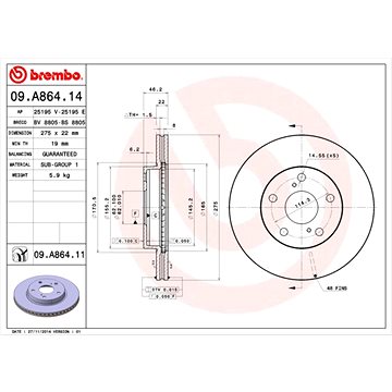 

BREMBO brzdový kotouč 09.A864.11, sada 2 ks