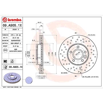 

BREMBO brzdový kotouč 09.A905.1X, sada 2 ks