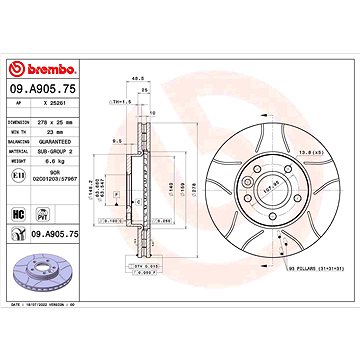

BREMBO brzdový kotouč 09.A905.75, sada 2 ks