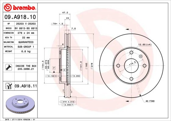 

BREMBO brzdový kotouč 09.A918.11, sada 2 ks
