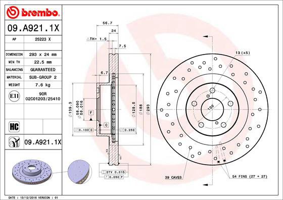 

BREMBO brzdový kotouč 09.A921.1X, sada 2 ks