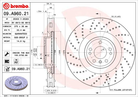 

BREMBO brzdový kotouč 09.A960.21, sada 2 ks