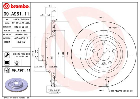 

BREMBO brzdový kotouč 09.A961.11, sada 2 ks