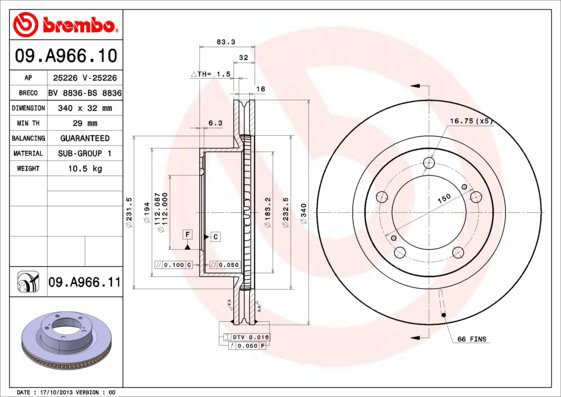 

BREMBO brzdový kotouč 09.A966.11, sada 2 ks