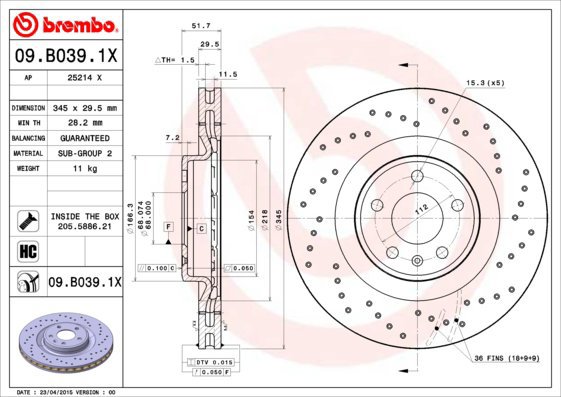 

BREMBO brzdový kotouč 09.B039.1X, sada 2 ks