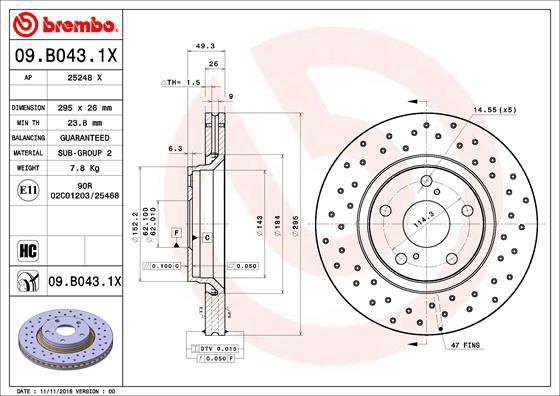 

BREMBO brzdový kotouč 09.B043.1X, sada 2 ks