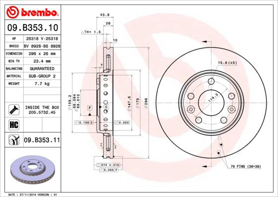 

BREMBO brzdový kotouč 09.B353.11, sada 2 ks