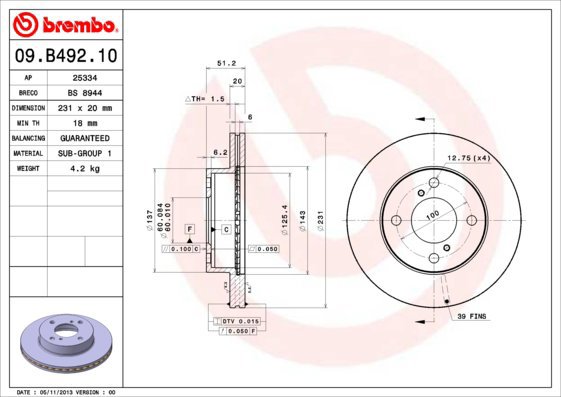 

BREMBO brzdový kotouč 09.B492.10, sada 2 ks