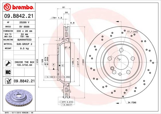 

BREMBO brzdový kotouč 09.B842.21, sada 2 ks