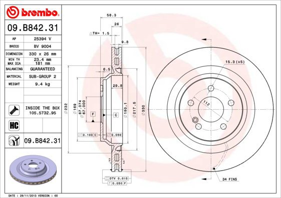 

BREMBO brzdový kotouč 09.B842.31, sada 2 ks